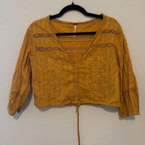 Free People Mustard Yellow Embroidered Cropped Top